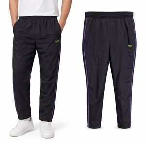 Reebok Classic Mens Black Nylon Track Pants Purple‎ Piping Green Logo Large